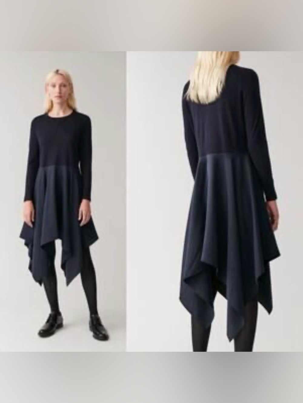 COS Navy Blue Fine Wool Cupro Asymmetric Hem Dress Size Medium